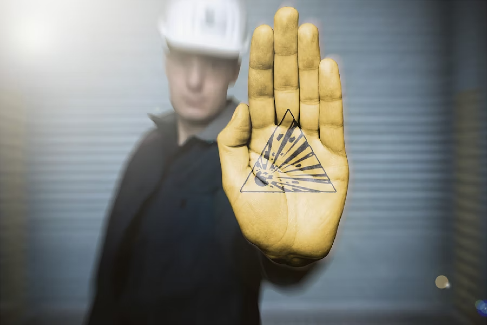 Eine gelbe Handfläche mit dem Zeichen zur Explosionsgefahr