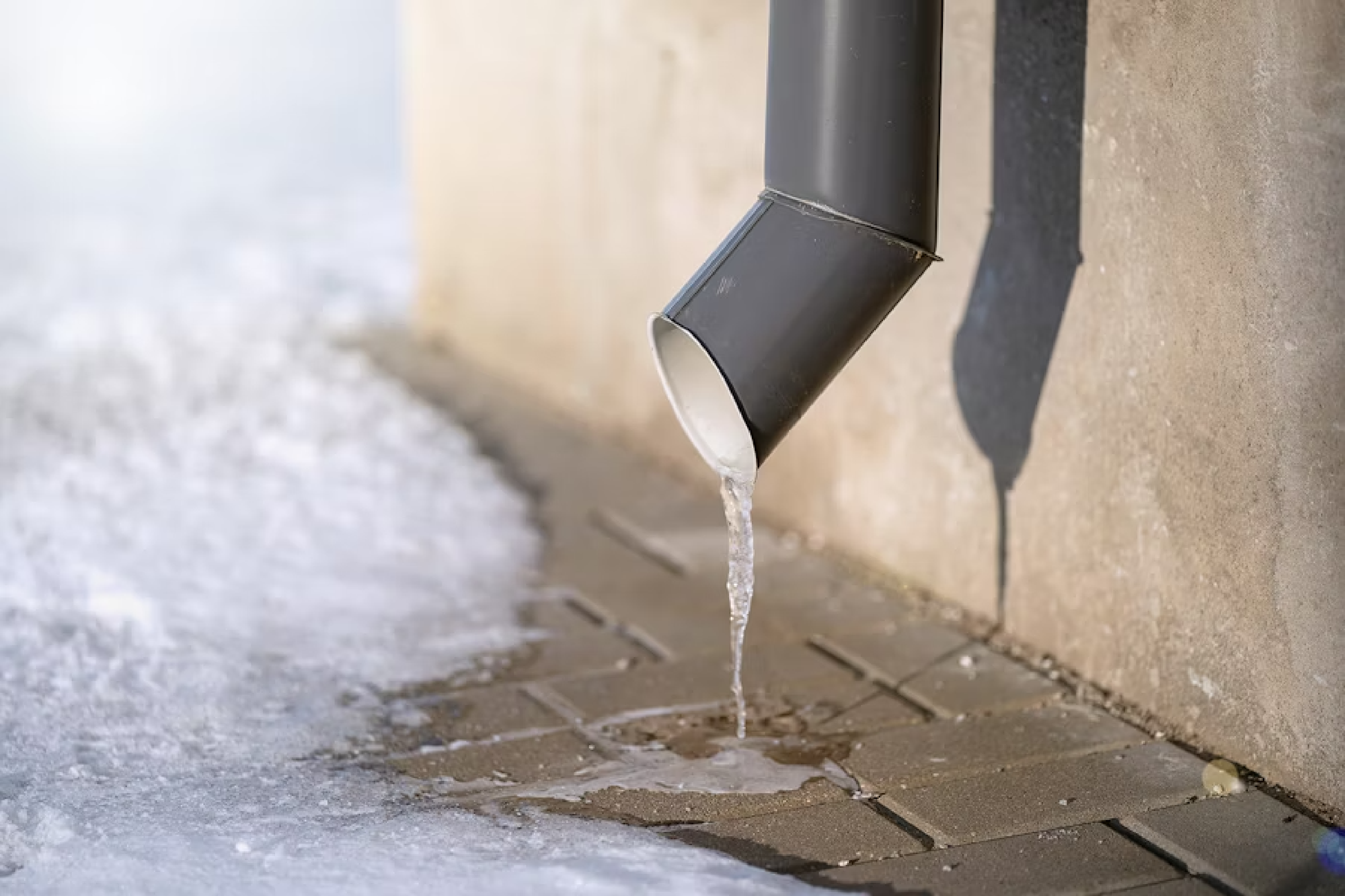 Das Ende einer Regenrinne mit einem Eiszapfen
