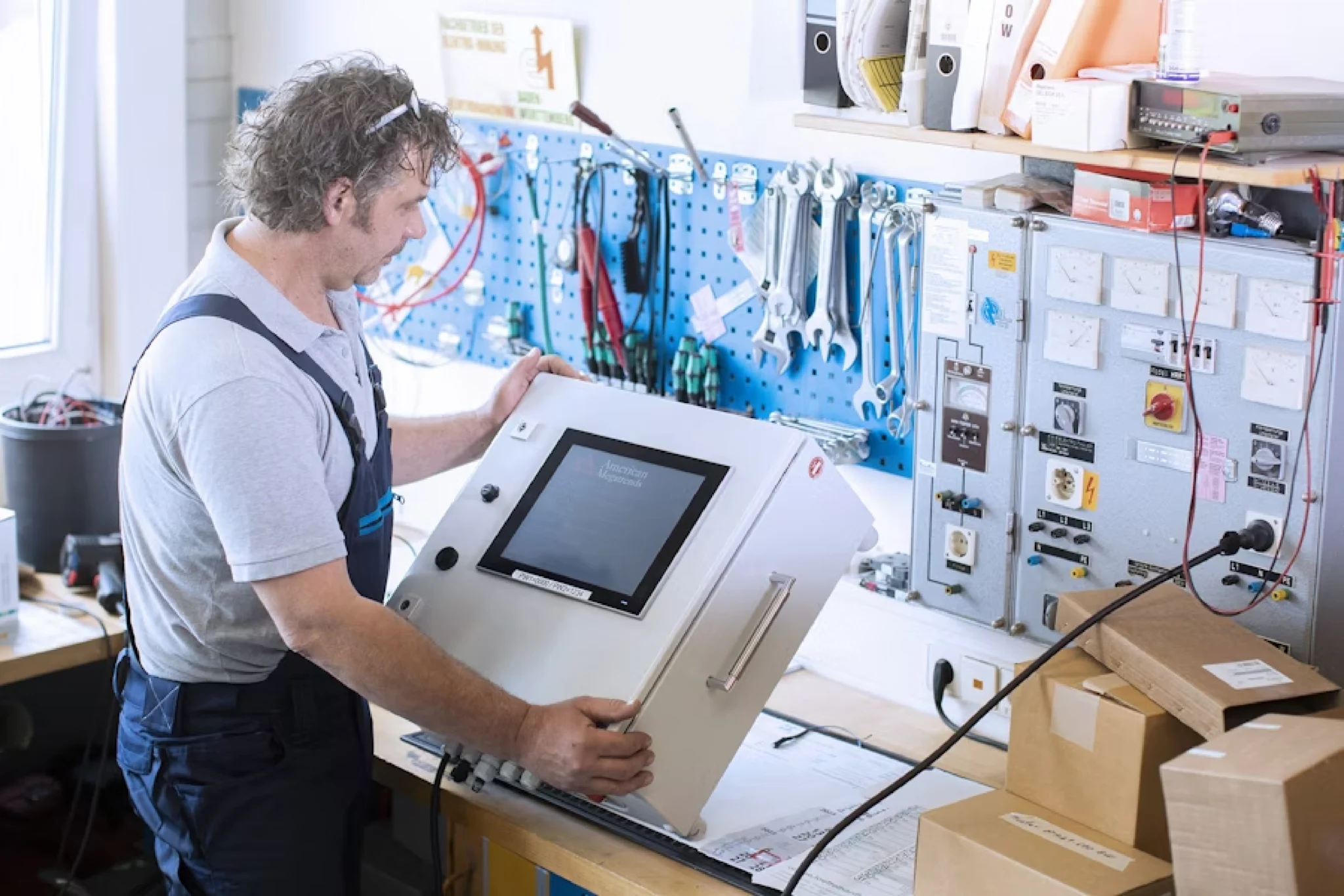 Ein Mann testet einen Schaltschrank